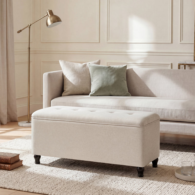 41" Rectangle Linen Storage Ottoman Bench, Off White