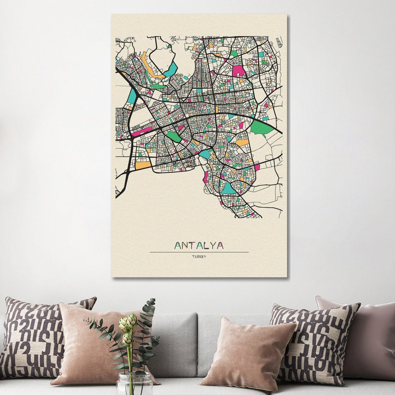 Antalya, Turkey Map by Ayse Deniz Akerman - Print on Canvas, 152.5 cm H x 101.5 cm W, Black Floater Frame