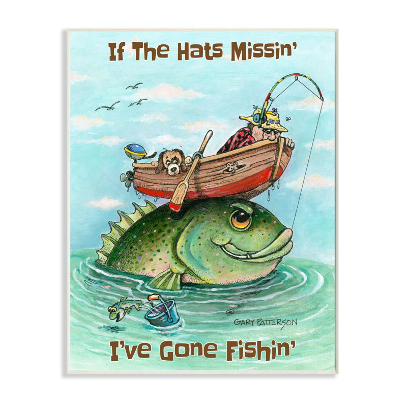 «Hats Missing Gone Fishing Funny Sports Dessin» par Gary Patterson - impression d'art graphique, H 15 po x l 10 po