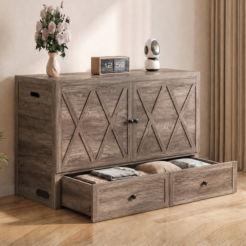Lit escamotable convertible de style ferme avec matelas, tiroirs et borne de recharge, gris, Gris