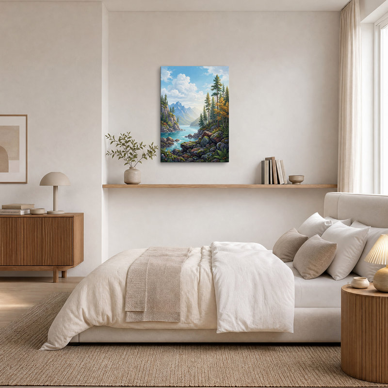 «Mountain Lake» avec pin et nuages, art mural sur toile, H 36 po x l 24 po