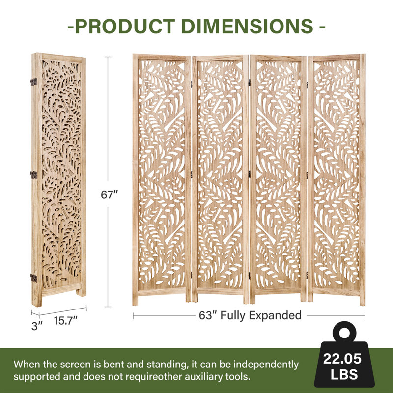 67'' H Solid Wood Room Divider - Floral Serenity Folding Screen with Leaf Cutout Design, 4, Natural Wood