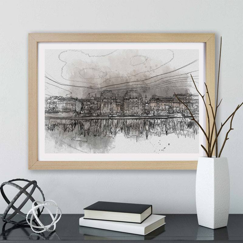 Reflection of Stockholm in Sweden - Framed Print, 45cm H x 63cm W x 2cm D, Oak