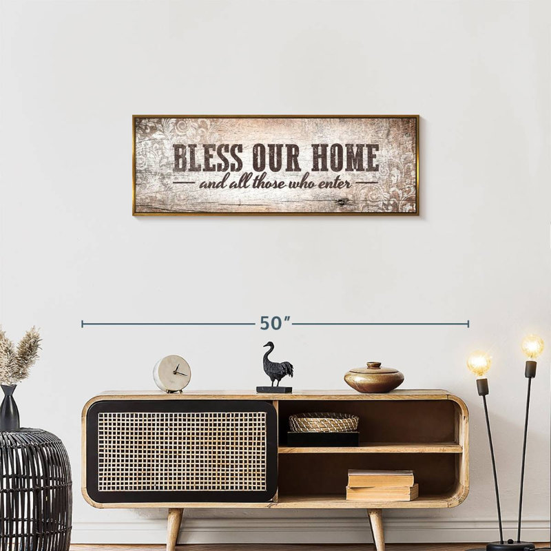 Plaque murale «Bless Our Home», Cadre flottant doré, 37 po x 13 po