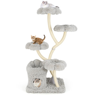 Freestanding Cat Tower Tall Cat Tree w/ four Flower-shaped Platforms Cat Condo Gray