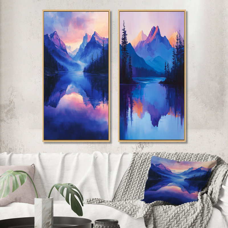 Mountain Reflections At Dusk I - Paysages, impressions sur toile, collection 2 panneaux, H 28 po x l 25 po, Cadre crème crème