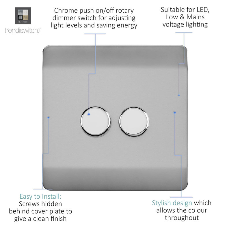 Trendi Switch 2 Gang 1 or 2 way 100w Rotary LED Dimmer Light Switch, Steel
