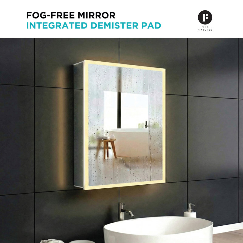 FINE FIXTURES Aura™ Smart LED Medicine Cabinet with Qi Wireless Charging, Fog-Free Mirror, and Dimmable 3-Color Lighting