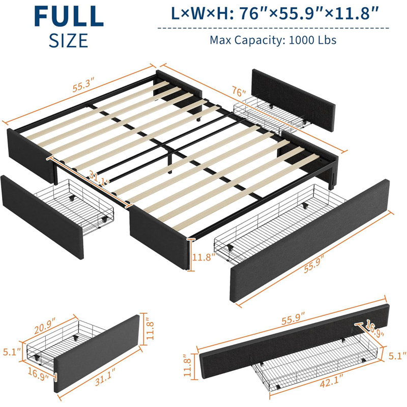  Structure de lit plateforme avec 3 tiroirs de rangement, structure de lit tapissier en tissu, têtes de lit personnalisables, aucun sommier tapissier, silencieux, assemblage facile, gris foncé