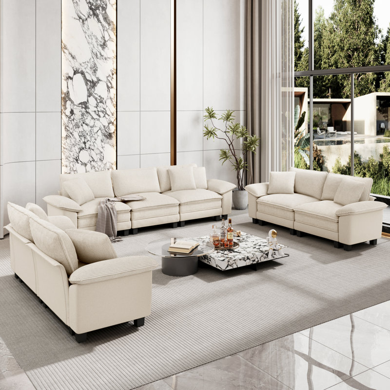 3-Piece Upholstered Modular Sectional Sofa Sets, Oversized Couch Set with Sofa and Loveseats, Beige Chenille/Corduroy