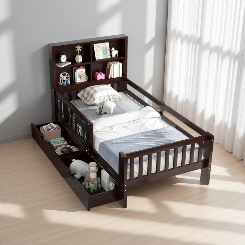 Lit plateforme en bois massif avec tiroirs et tablettes de rangement, amusant et peu encombrant, Lit simple, Blanc