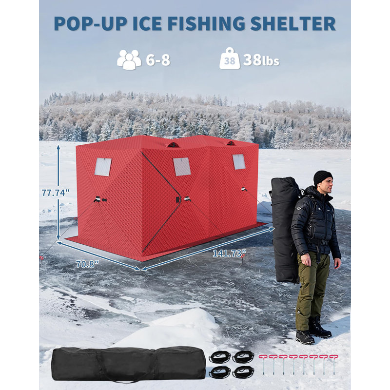 Portable Ice Fishing Tent, Insulated 3-Layer Pop-Up Ice Fishing Shelter, Windproof Waterproof Winter Fishing Tent with Carry Bag for 6-8 People