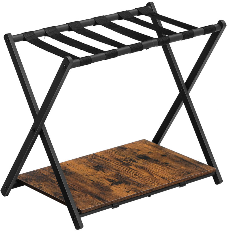 Porte-bagages pliable, porte-valise avec tablette de rangement en bois, peut supporter jusqu'à 110 lb, brun rustique et noir