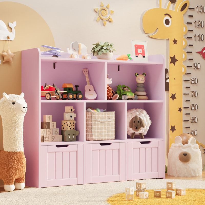 Children's bookcase and toy storage cabinet, two-layer open partition, three drawers with pulleys, safe wooden structure, waterproof and easy to care, Pink