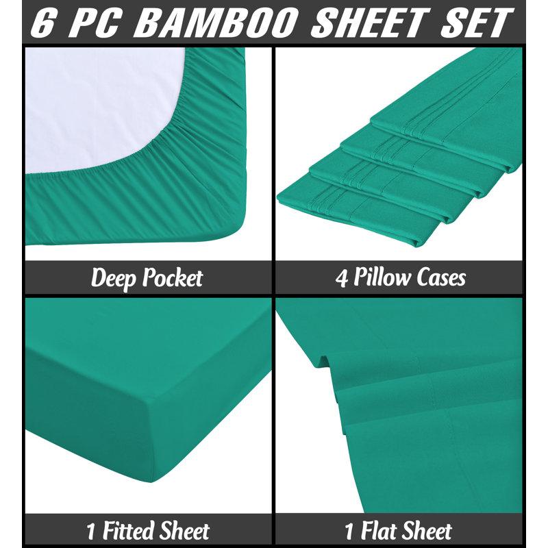 Premium Rayon From Bamboo 6 Pc Sheet Set With Deep Pockets, Cooling, Teal, Split King Sheet Set with 4 Pillowcases