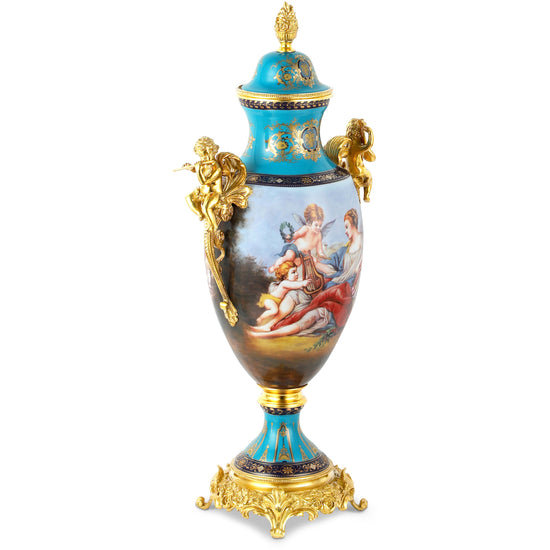 Elegant and Decorative 28 Inch Louis XV Jar with Porcelain & Bronze Cherub Handles for Home Decor