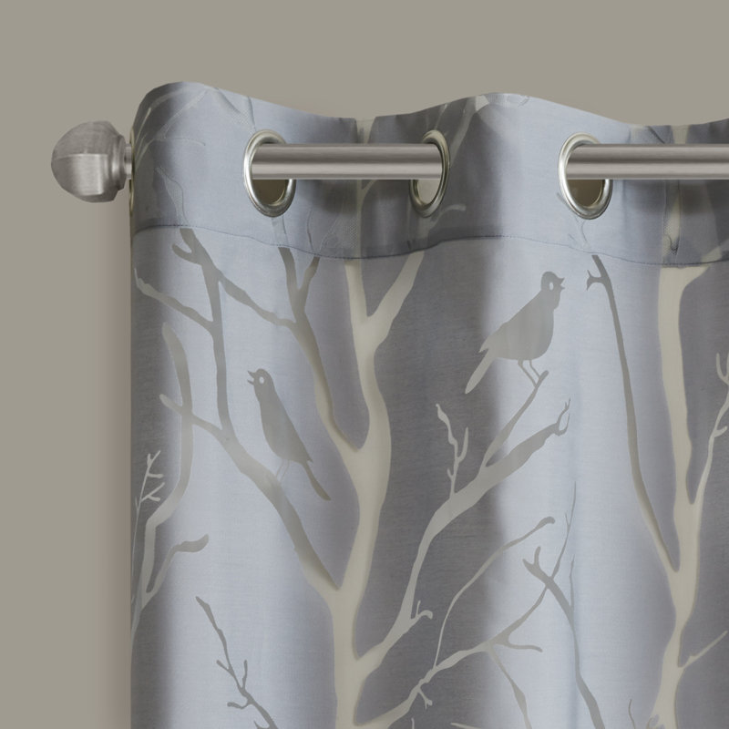 Gray Sheer Bird Design Grommet Top Window Curtain