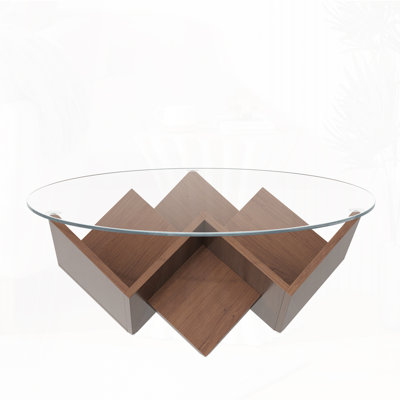 Round Coffee Table With Glass Top And Geometric Abstract Art Deco Base Storage Shelves, Walnut