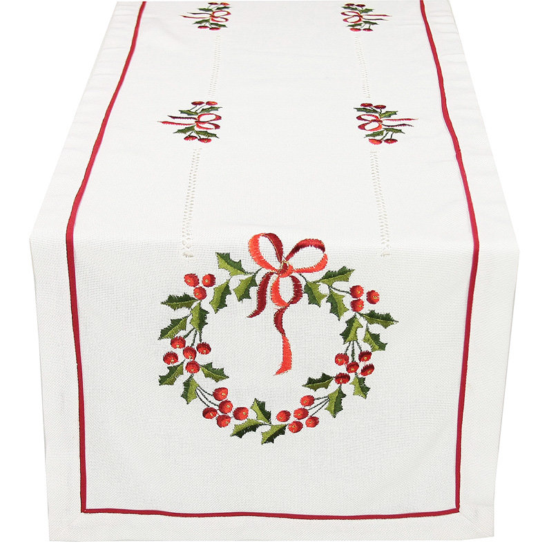 Country Wreath Embroidered Hemstitch Holiday Table Runner Xia Home Fashions 