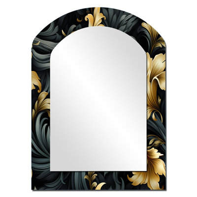 Elegant Ebony And Beige Flowers Pattern - Paisley Arch Wall Mirror, Black Asymmetrical Decorative Mirror, Printed Metal Art