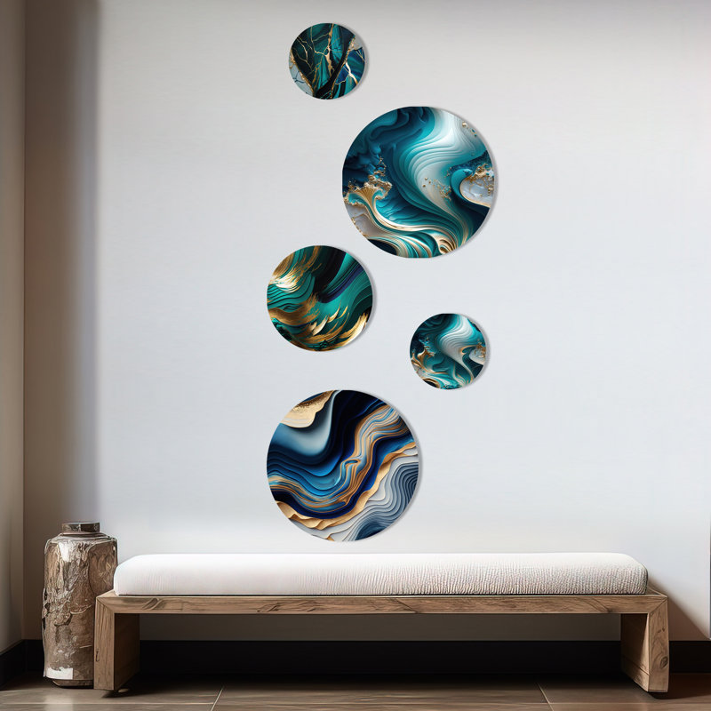 Blue and Gold Flow Art II - Ensemble de 5 décorations murales rondes en métal