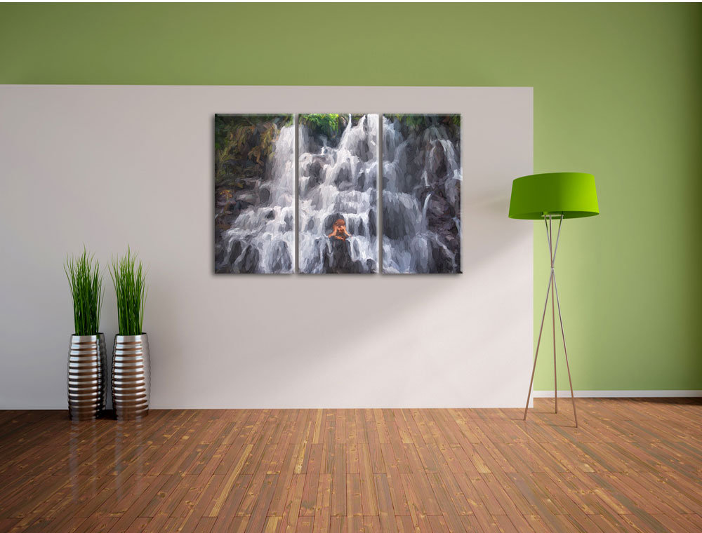 3-tlg. Leinwandbilder-Set „Ruhe und Yoga am Wasserfall Kanto Lampo in Bali“, Grafikdruck