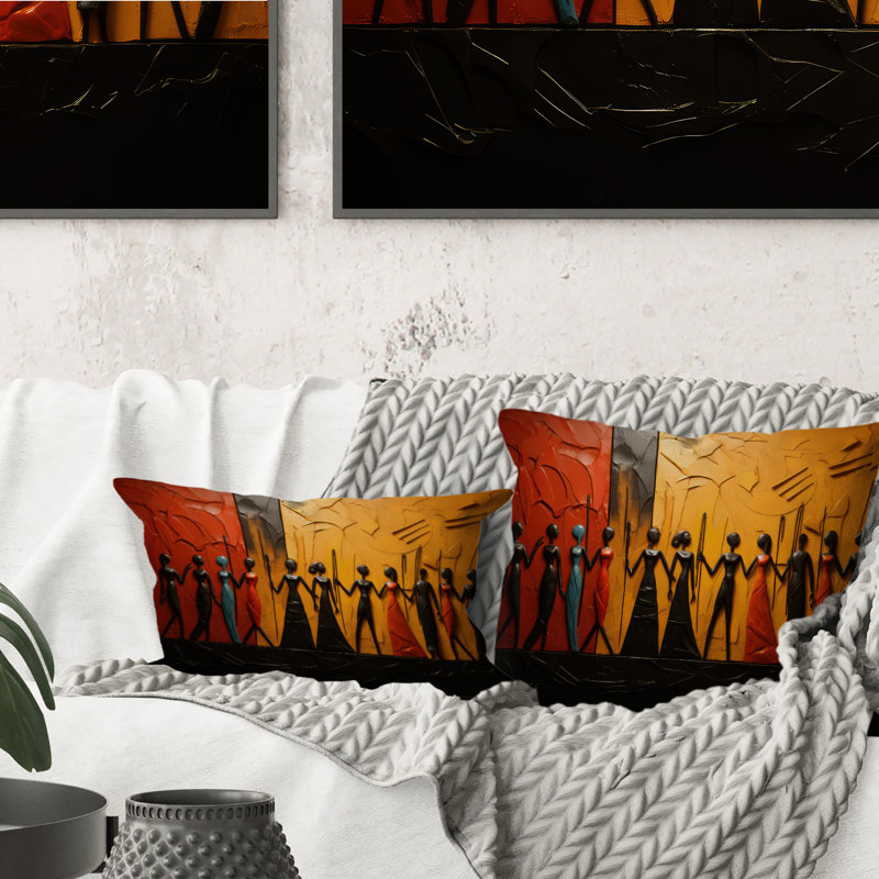 Coussin décoratif Tribal africain Tribal Rhythms VI - Abstrait corail multicolore, H 12 po x l 20 po, Rectangulaire