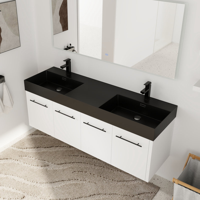 Meuble-lavabo double 60 po avec plateau en résine, Noir