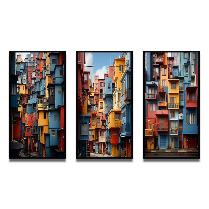 «Cityscape Dynamic Cubic», 3 pièces sur toile, Cadre noir, H 32 po x l 48 po