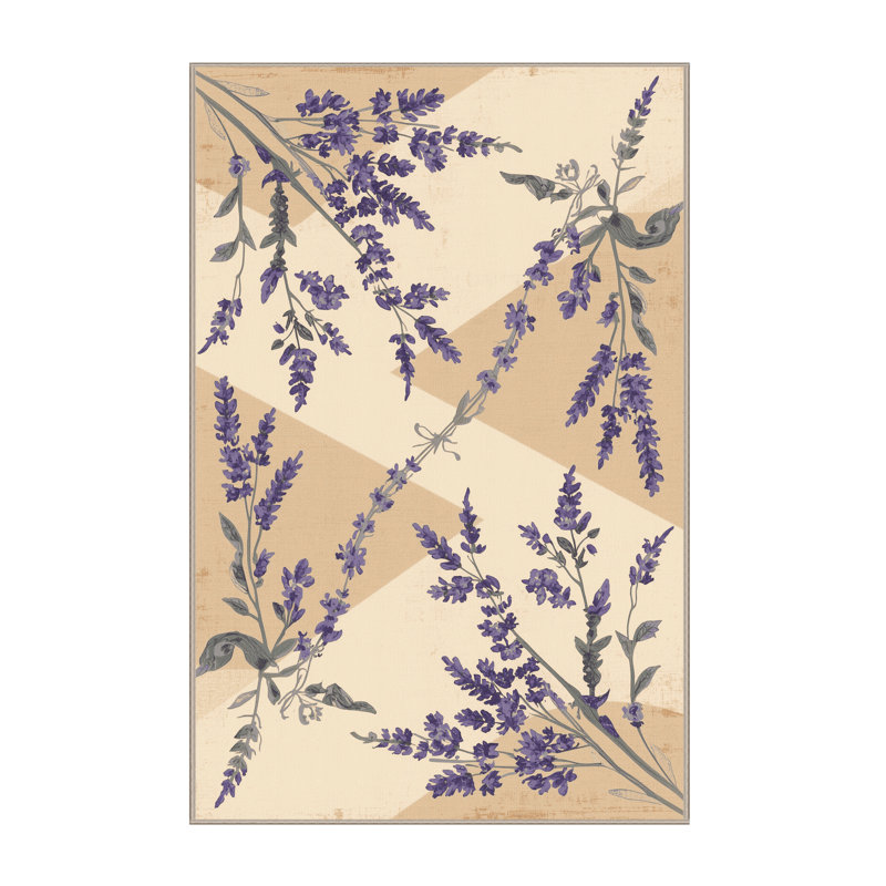 Tapis lavande lavable à la machine à motif floral de campagne française beige, 8 x 10