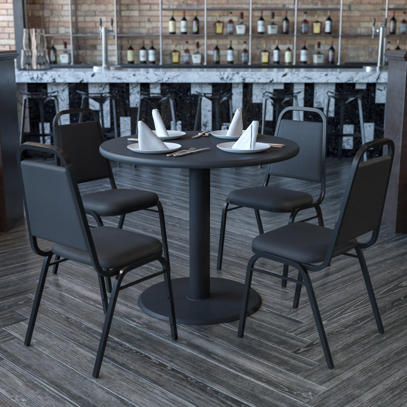 Ensemble de table ronde en stratifié 36 po avec base en X et 4 chaises de banquet trapézoïdales Ahlam, Noir