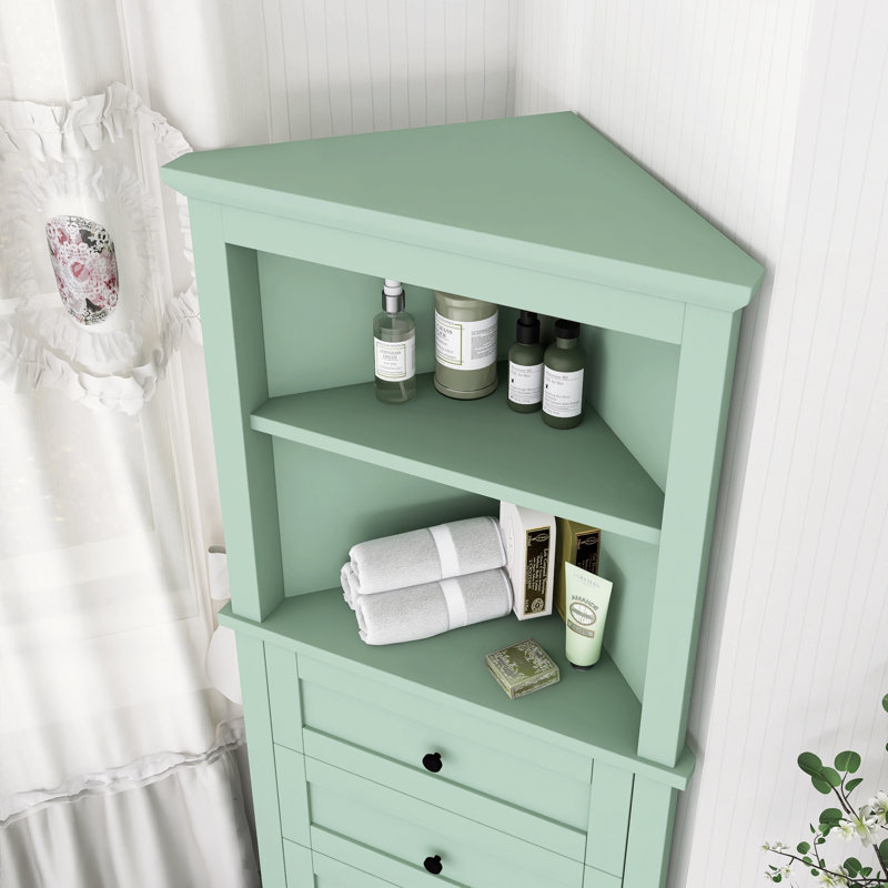 Armoire haute triangulaire à 3 tiroirs avec tablettes réglables pour la maison, Vert