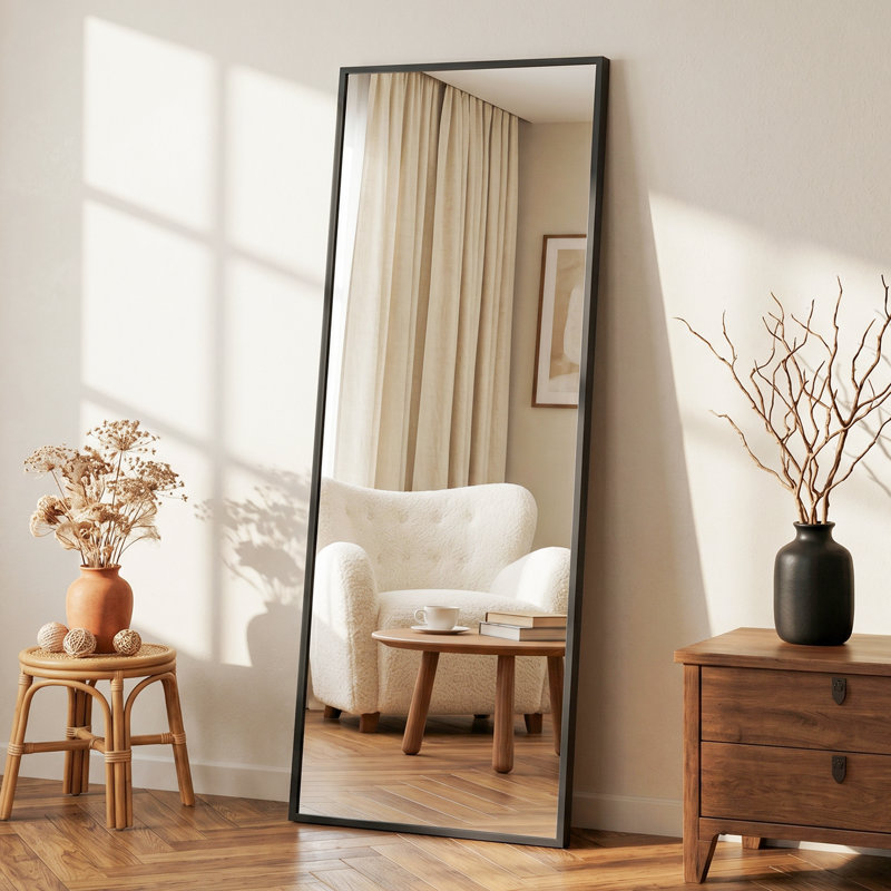 Miroir surdimensionné sur toute la longueur avec support, miroir sur pied corps entier, miroir de plancher avec miroir mural rectangulaire en alliage d'aluminium
