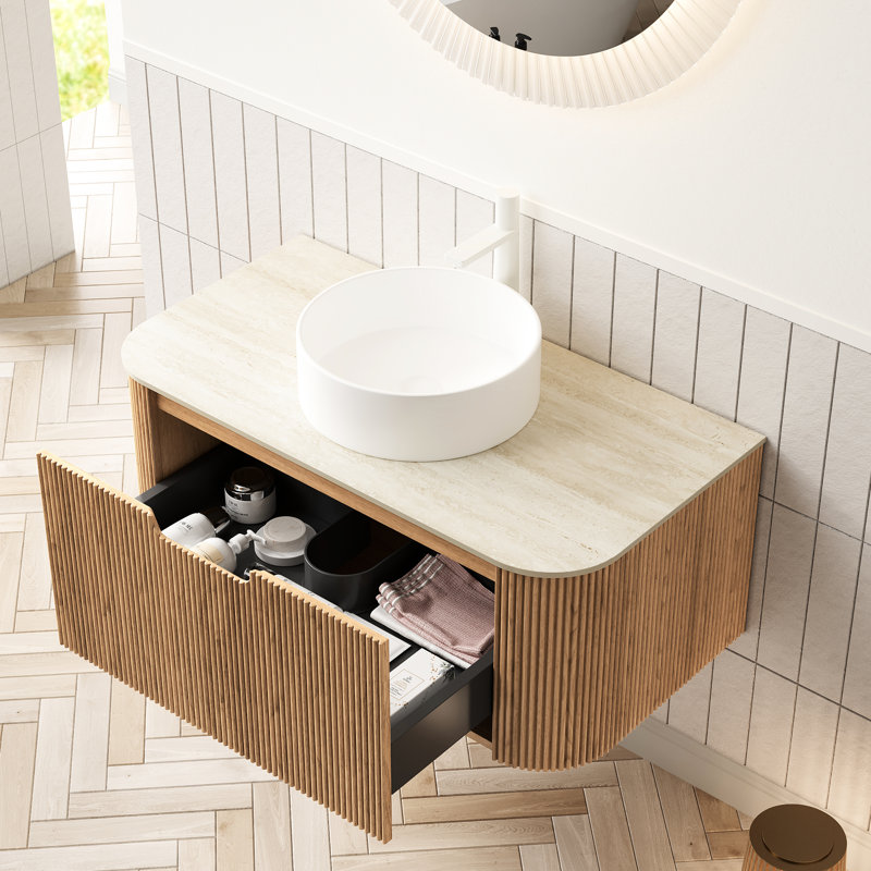 Meuble-lavabo 36 po avec lavabo en céramique, plateau en pierre frittée, tiroir d'armoire flottant en contreplaqué, glissières à fermeture en douceur, pré-assemblé