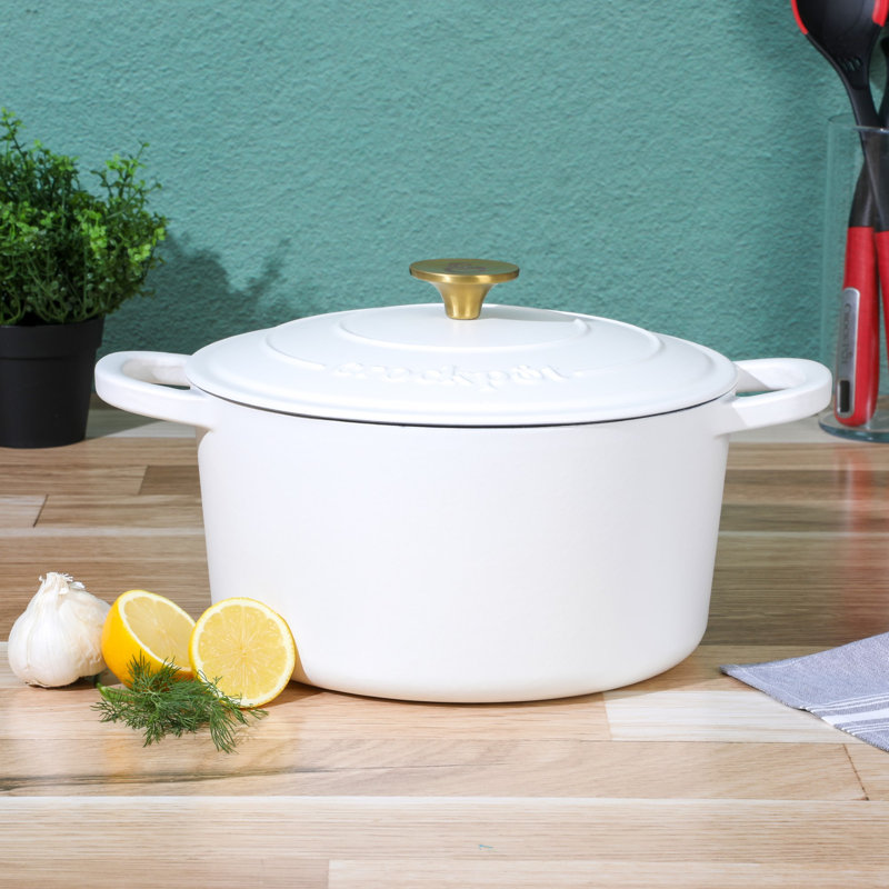 Cocotte ronde artisanale en fonte antiadhésive Crock-pot, 7 pte, Blanc / Doré