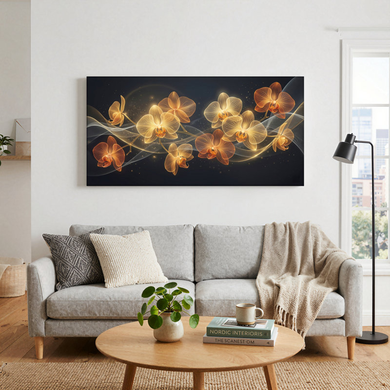 Ensemble de 1 tableau sur toile Orchidées dorées, L 32 po x H 16 po, Toile tendue