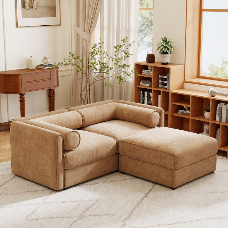 Canapé en chenille avec repose-pieds en tissu, H 27,9 po x l 75,5 po x P 37,4 po, 2, Chameau
