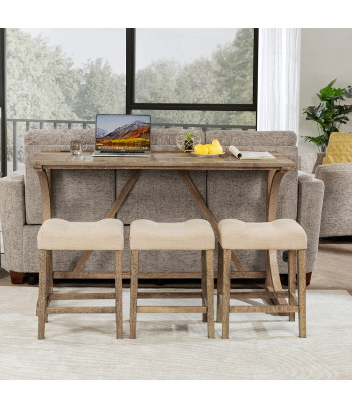 Modern Counter Height Bar Set—Table + 3 Padded Saddle Stools, Power Outlet, Ideal for Family & Entertaining, Brown