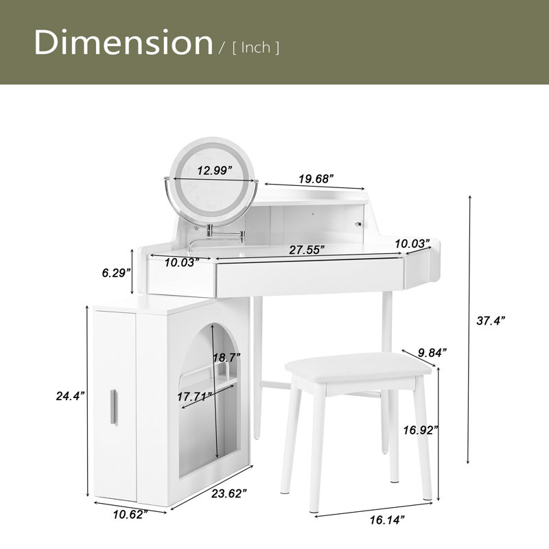 Bureau de coiffeuse de coin avec miroir et lumières DEL, ensemble de coiffeuse moderne avec miroir et tabouret, coiffeuse avec grand rangement pour petite place