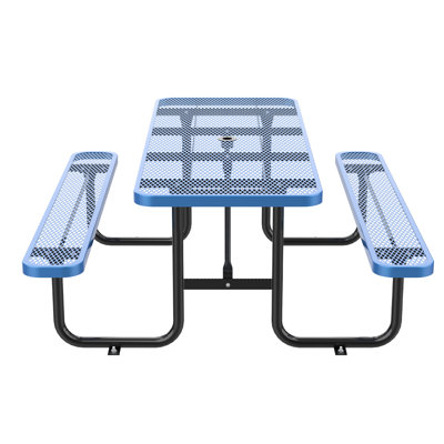 Blue 96" Rectangular Picnic Table With Steel Bench, - Rust Legs, Dense Mesh Surface, Built In Umbrella Hole For Comfortable Outdoor Sketching And Camp Featuring Coated Steel, High Load Mesh, Patio