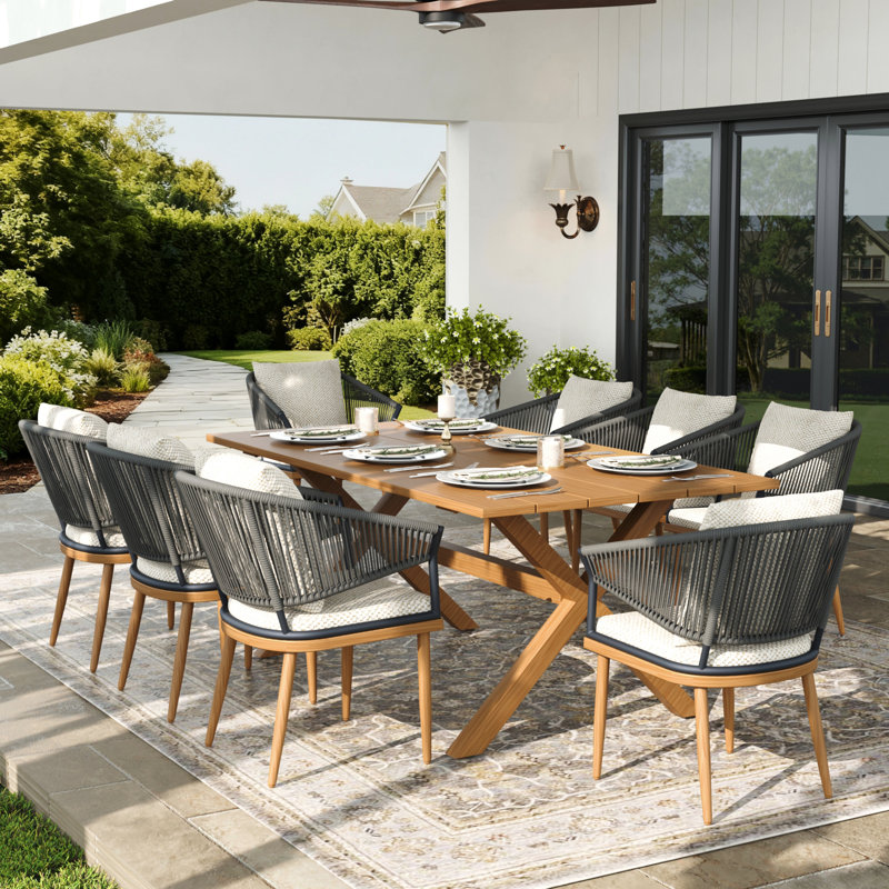 Ensemble repas extérieur pour 8 personnes avec coussins 8 personnes, Coussin beige / structure en bois brun