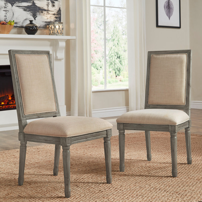 Hildemar 20.5" H Linen Upholstered Side Chair, Beige, Antique Gray Oak