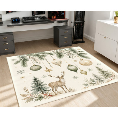 Tapis de Noël lavable à la machine avec envers antidérapant, tapis de pin à motif de renne et de pin, décoration intérieure confortable pour le salon, la chambre à coucher, le vestibule, la porte d'entrée, la cuisine, le balcon et l'appartement