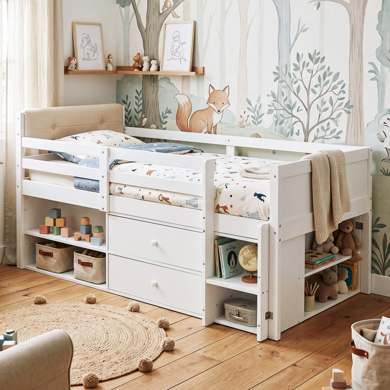 3ft Single Wooden Storage Cabin Bed with 2 Drawers & Shelves, Mid Sleeper Frame with Velvet Headboard & Ladder, White, 90x190cm