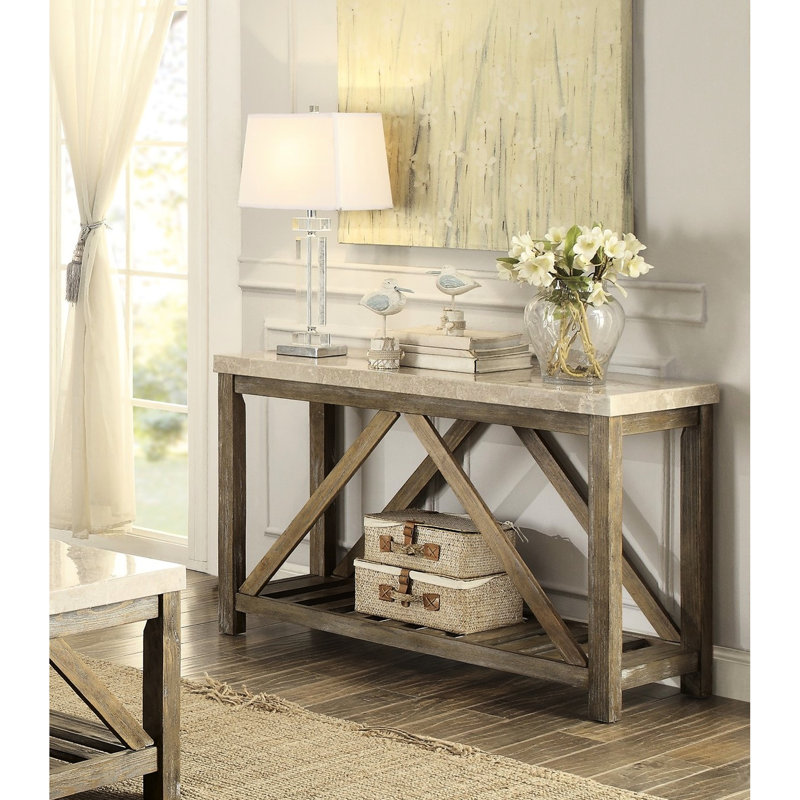 Table industrielle à plateau en marbre, base en bois blanc crème pour le salon, rectangulaire, finition patinée, support incliné, console avec tablette inférieure et fabrication, mobilier de chambre, plateau inférieur