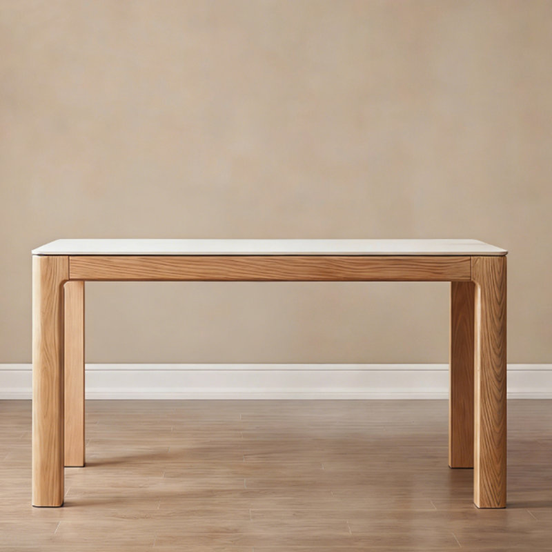 Table de salle à manger en pierre blanche rectangulaire avec table en chêne, 29.53” H x 57.09” L x 31.5” W