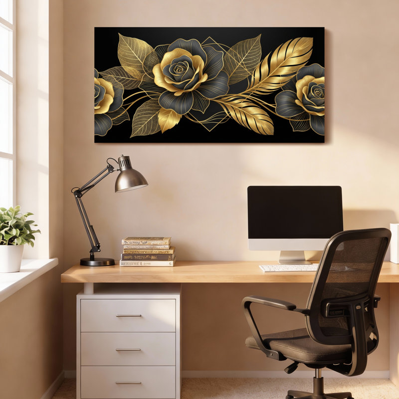 Ensemble de 1 tableau mural sur toile tendue, motif floral rose or et noir, H 16 po x l 32 po