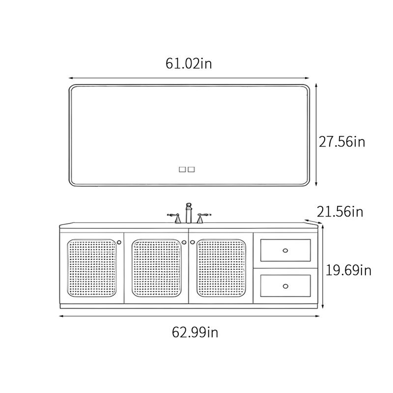 Armoire de salle de bain en rotin rétro de style américain, H 19,69 po x l 62,99 po x P 21,56 po