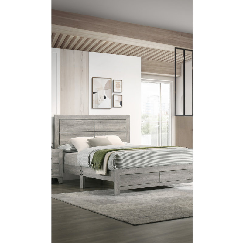 Très grand lit contemporain aux tons gris, grain de bois rustique, tête de lit aux lignes épurées, dans une boîte, facile à assembler, assemblage simple, finition en boîte, entretien, assemblage