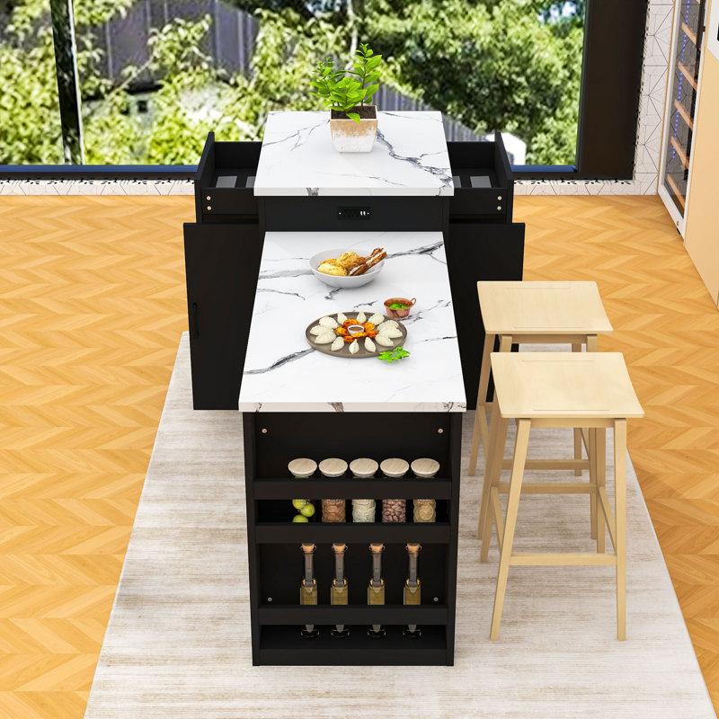 Stylish Kitchen Island with Extendable Countertop, Power Outlets, Ample Storage and Open Shelving, Black